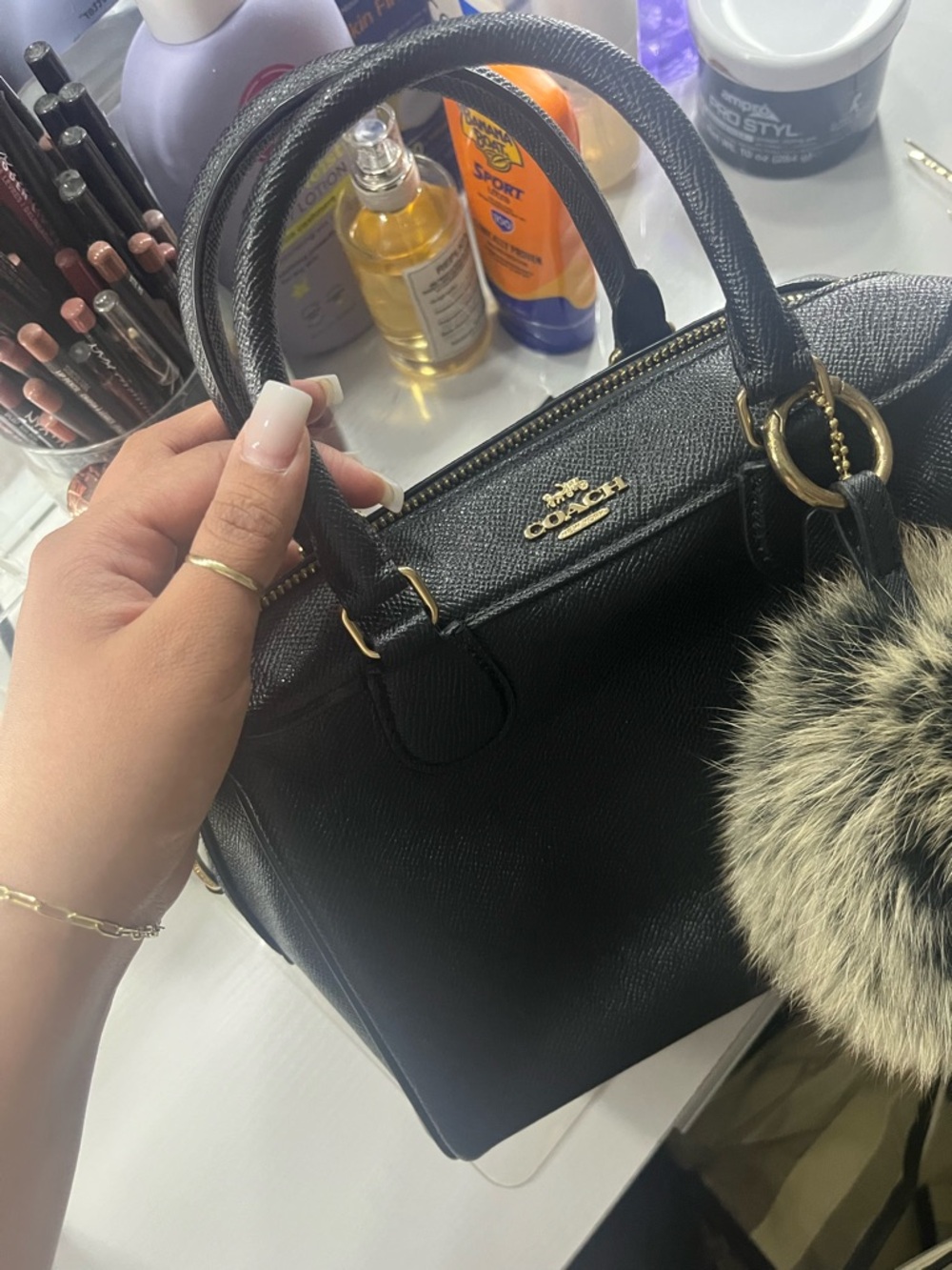 Coach Black Leather Mini Satchel with Furry Pom Charm - Picture 5 of 5